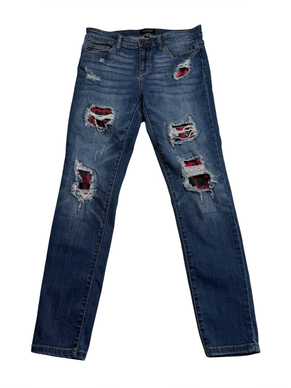 Judy Blue Distressed Skinny Jeans Red Buffalo Plaid Patch Flannel Sz 11/30